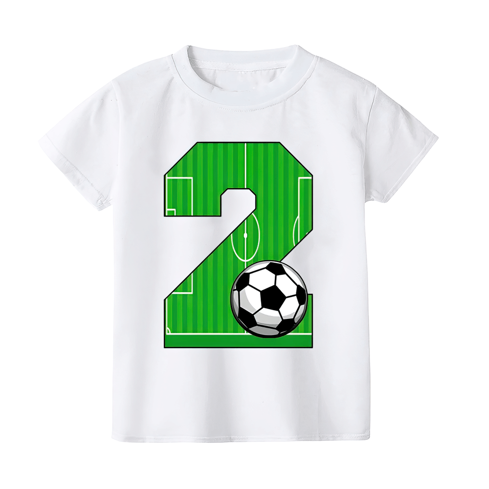 Kids soccer print tee with round neck, featuring a bold number 2 and football field design, perfect for summer sports activities.
